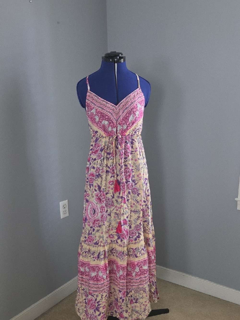 Boho Pink and Cream Floral Maxi Dress with Adjustable Straps